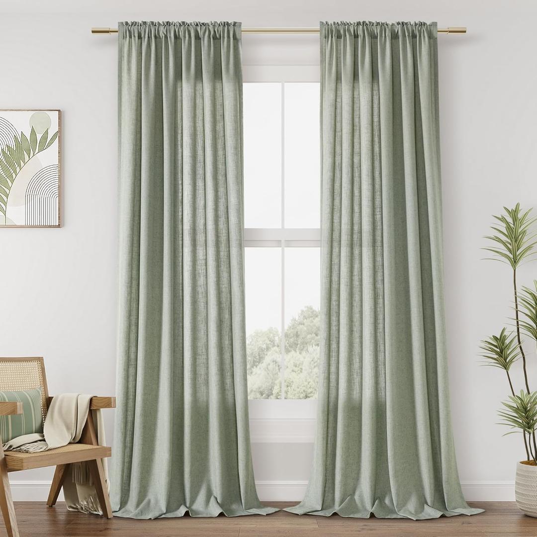 Guken Sage Green Linen Curtains 84 Inch Length for Living Room Bedroom 2 Panels Set Rod Pocket Light Filtering Semi Sheer Window Curtains 52 Inch Width Boho Farmhouse Linen Drapes, W52xL84