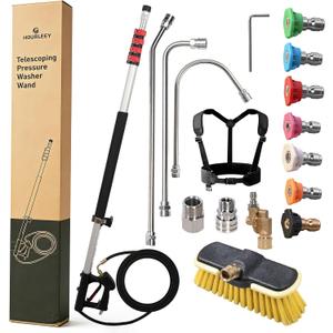 Hourleey 24 FT Telescoping Pressure Washer Wand, Power Washer Extension Wand with Brush Head, Gutter Cleaner, 3 Curve Wands, Adjustable Support Belt, Pivoting Coupler, 7 Spray Nozzles, 4000 PSI