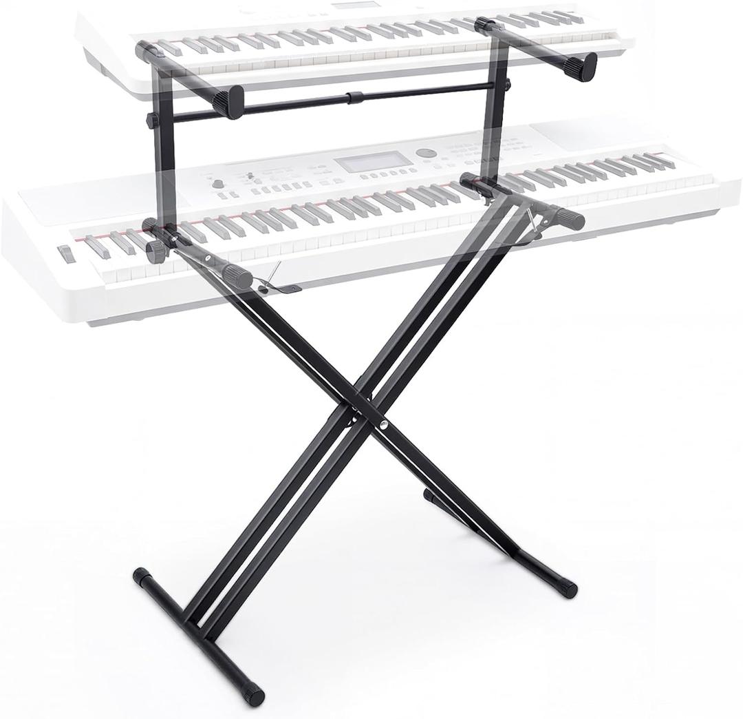 2-tier Double x Keyboard Stand, Heavy-duty Adjustable Height Piano Stand with Locking Straps & Quick Release, Portable X-Style Holder for 54/61/88 Key Digital Pianos, Stage Studio Home Use