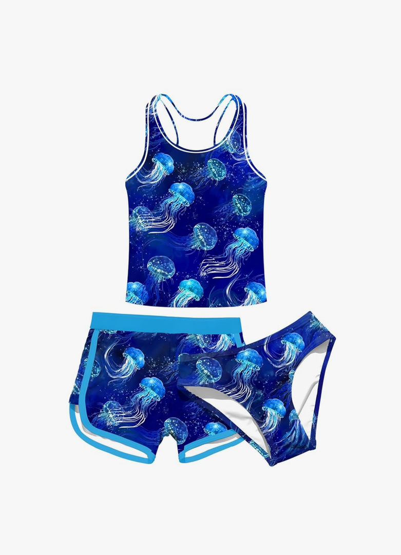 uideazone Girls 3 Piece Bathing Suit Summer UPF 50+ Racerback Swimsuit with Shorts Beach Tankini Sets 8-16 Years