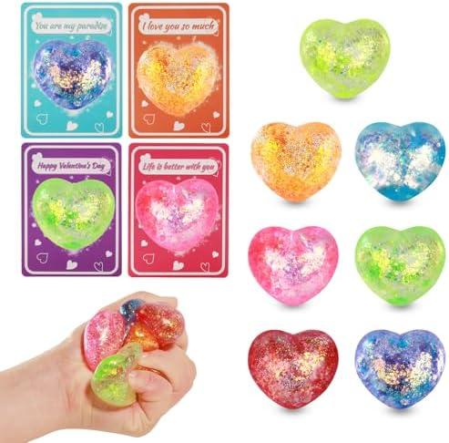 Fidgets Toys Gifts for Kids, 28 Pack Heart Stress Balls with Cards Heart Squishies Toy, Squeeze Balls Fidget Toys Classroom Exchange Gift