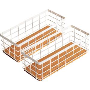 TIEYIPIN Small Metal Wire Storage Basket, Detachable Wood Base Storage Organizer Bin Basket for Kitchen Cabinets, Bathroom, Pantry, Garage, Laundry Room (Cream White, 2 Pack)