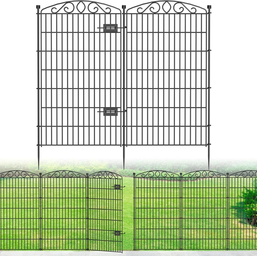 5 Panel No Dig Decorative Garden Fence with Gate - 48in H x 11.4 ft L, Tall Animal Barrier for Dogs Rabbits, Rustproof Metal Wire Panels for Yard, Patio, and Outdoor Border Use