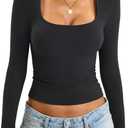 Womens Cotton Tops Long Sleeve T Shirts Square Neck Y2k Tops Slim Fit Going Out Fall Fashion Clothes 2026 (X-Small, Black)