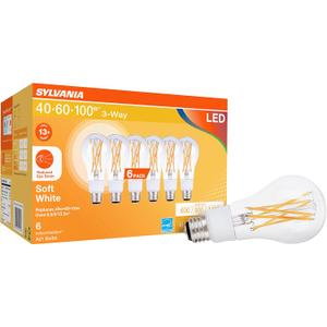 Sylvania Reduced Eye Strain A21 LED Light Bulb, 3-Way 40W / 60W / 100W, 13 Year, Dimmable, Clear, 2700K, Soft White - 6 Pack (41231)