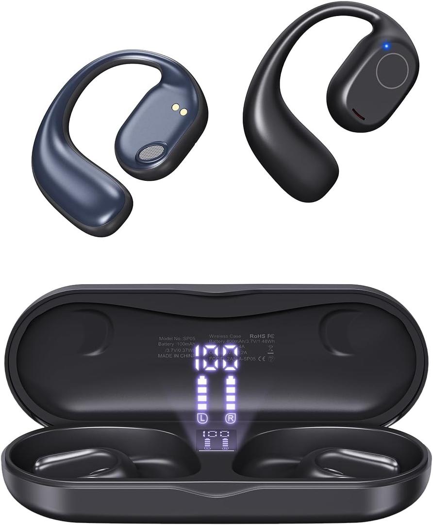 Open Ear Earbuds, Powerful Sound Sports Headphones with Clear Call, 40Hrs PlaytimeBluetooth 5.3 Headphones with Smart Digital Display Design IPX6 Waterproof Fit for Running, Gym, Workout (Black)