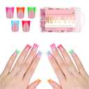 NOVO OVO French Tip Short Duck Nail Tips Press On 5 MIXED COLOR, Pre-designed Soft Gel Nail Extension, Pre-applied Tip Primer & Base Coat, Full Cover Acrylic False Nails for DIY x 12 Sizes 240 pcs
