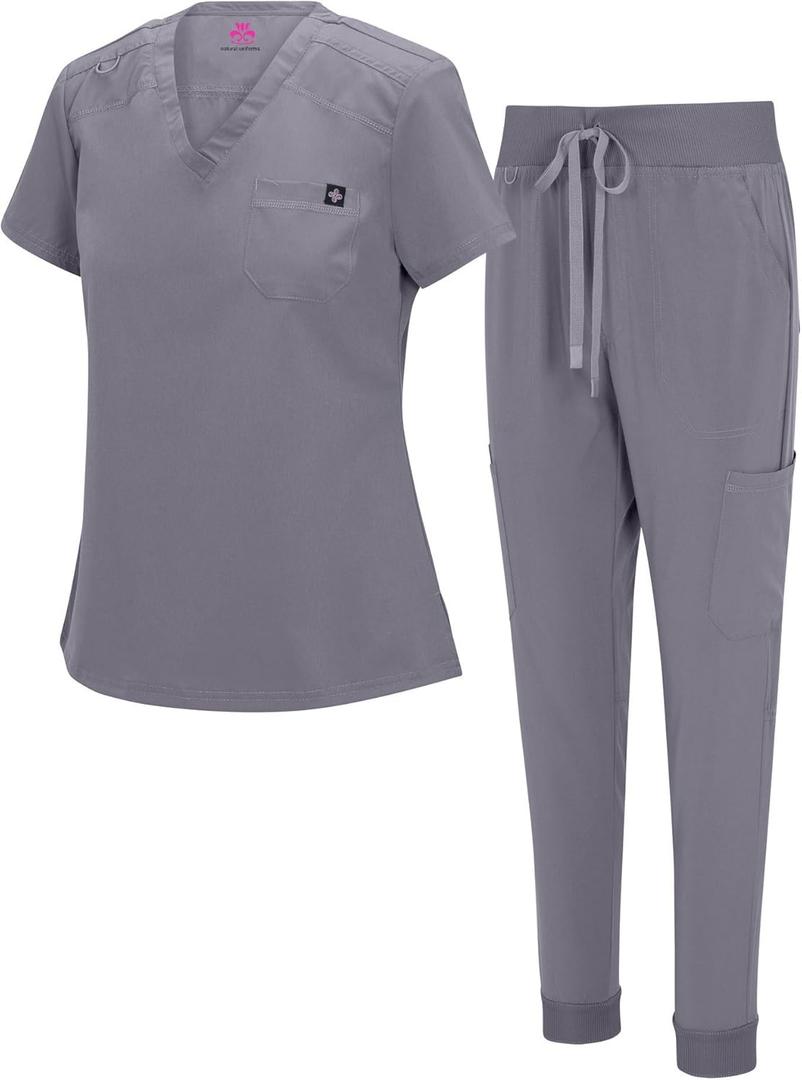 Natural Uniforms Womens Cool Stretch Modern Tuck-In Top Yoga Jogger Scrub Set with Regular and Petite Sizes (Large, Charcoal)
