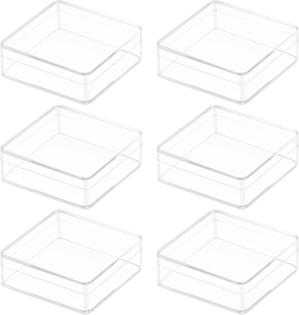 Small Acrylic Box Clear 6 Pack 2.4x2.4x0.79 Inches Min Clear Plastic Square Containers with Lid for Candy, Pill, Tiny Jewelry Beads, Coins