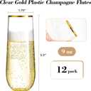 N9R 12PCS Plastic Champagne Flutes, 9 oz Stemless Disposable Gold Rim Toasting Glasses, Crystal Clear Cocktail Cups Drinkware Shatterproof Ideal for Party Wedding Birthday, 12 Count