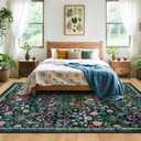 8x10 Area Rugs for Living Room: Floral Washable Rug Vintage Large Soft Boho Non-Slip Carpet Indoor Floor Stain Resistant Carpets for Bedroom Dining Room Farmhouse Nursery Home Office Dark Green