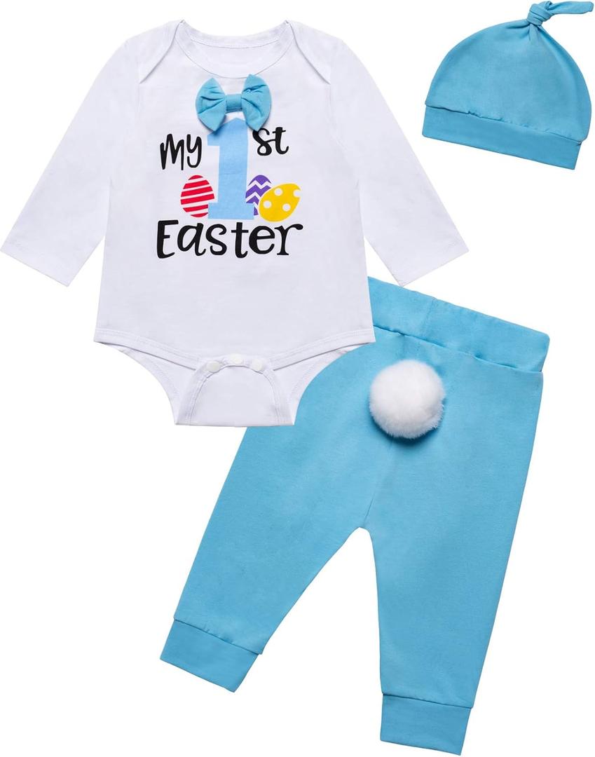 Yruiz Baby Boy My First Easter Outfit Set Infant Long Sleeve Bow-tie Romper Bunny Pants with Hat (3-6 Months, Blue)