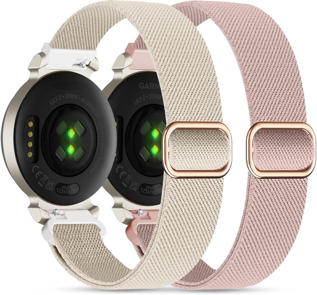 Elastic Nylon Bands Compatible with Garmin Lily 2, 14mm Stretchy Nylon 2 Pack Soft Loop Straps Quick Release Replacement Adjustable Wristband for Lily 2 Classic/Active Smart Watch Accessory for Women (Starlight+Pink)