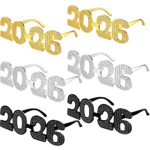 Konohan 6 Pcs 2026 New Year Eve Glasses Glitter Number Sunglasses Eyeglasses for New Years Party Supplies Festival Photo Prop(Yellow Black Silver)