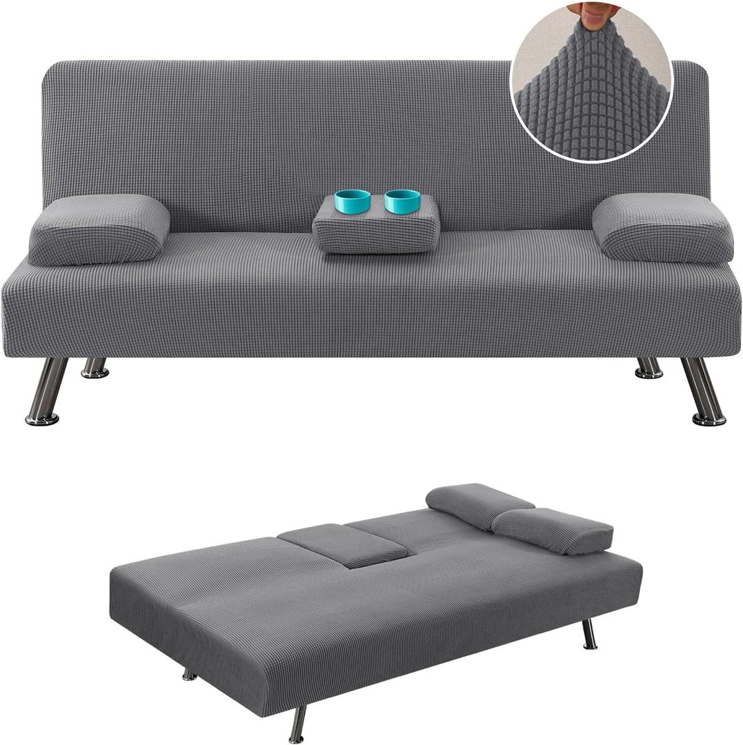 H.VERSAILTEX 4 Pieces Stretch Futon Covers Sofa Bed Slipcover with Removable Armrests and Cupholders Covers Furniture Protector High Spandex Small Checks Jacquard Fabric, Grey