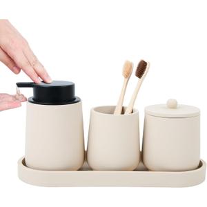 Beige Bathroom Accessories Set - 4 Pcs Bathroom Accessory Sets with Toothbrush Holder,Lotion Soap Dispenser,Qtip Holder Dispensr & Vanity Tray,Bathroom Countertop Vanity Oganizer - Beige