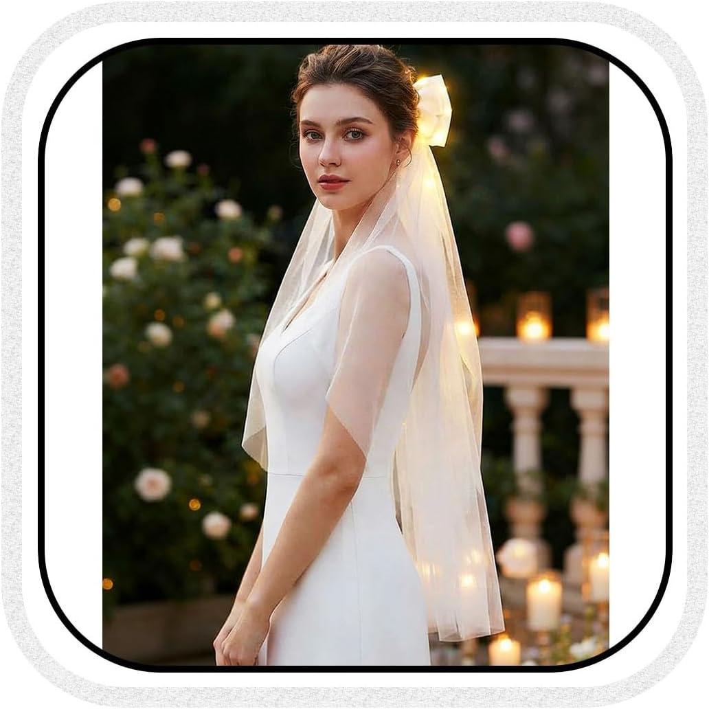 Light Up Wedding Veils White Bow Bridal Veil Fingertip Veils with Comb for Brides and Women (White)