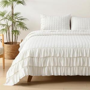 HORIMOTE HOME Ivory Ruffled Quilt Set King Size, Classic Geometric Square Stitched Pattern, Pre-Washed Farmhouse Shabby Chic Microfiber Lightweight Bedding Set Bedspread Coverlet for All Season (King( 106" x 96"))