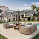 15FT Double Sided Patio Umbrella with Base Included Large Outdoor Market Umbrella with Crank Handle, UV Resistant Canopy, Sturdy Frame for Garden, Poolside, Deck, Light Gray