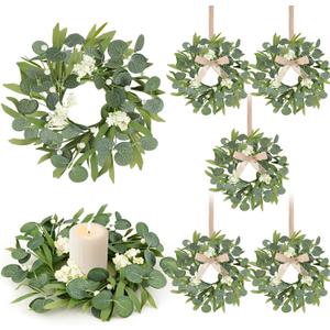 6 Pcs Green Artificial Eucalyptus Swag Wreaths Spring Summer Candle Rings Wreath with White Berries Mini Green Kitchen Cabinet Wreaths with Ribbon for Front Door Porch Wall Window Farmhouse Decoration