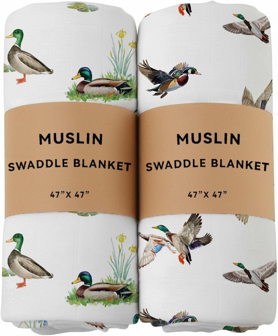 2 Pack Mallard Duck Muslin Swaddle Blankets 70% Bamboo 30% Cotton Breathable Receiving Blankets Gender Neutral Newborn Essentials for Baby Boy or Girl Soft and Large 47 x 47 Inches (Mallard Duck)