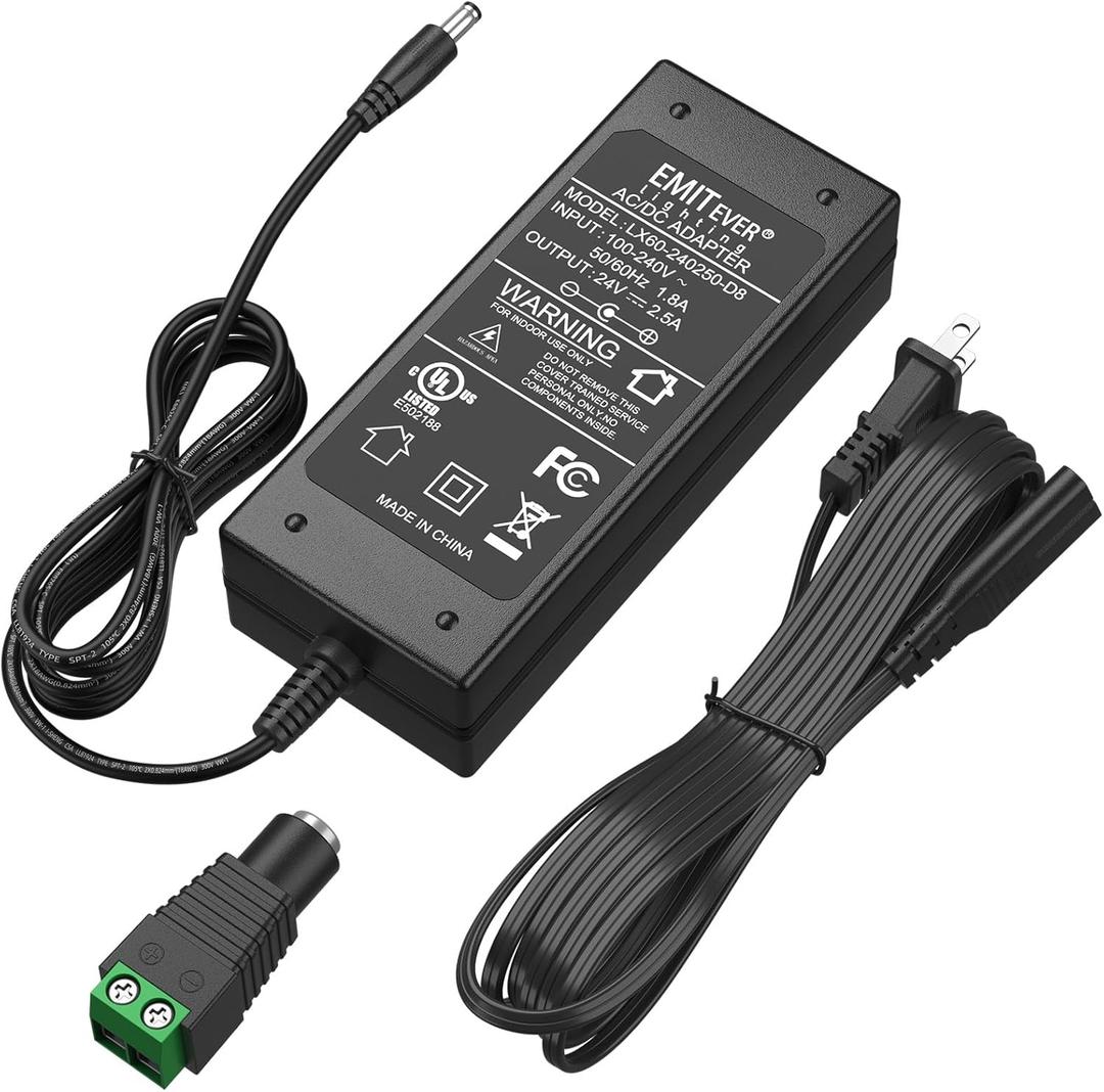 EMITEVER 24V DC LED Power Supply, 60W LED Power Adapter, Lighting Transformers, Input AC 100-240V UL-Listed