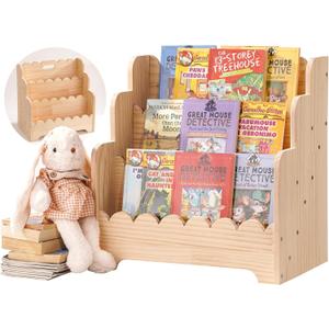Kids Bookshelf Storage 3-Tier, Book Case for Kids Rooms, Scalloped Wooden Montessori Bookcase for Toddlers & Baby, Small Nursery & Classroom Book Shelves, Solid Wood Organizer, 16.5"l X 10.6"w X 16.5"h