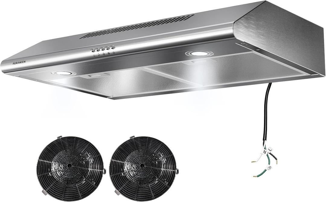 30 inch Under Cabinet Range Hood, 400 CFM Dual Motor Kitchen Vent, Dual Round LED Lights & 2 Charcoal Filters, Hardwired with Install Template, Stainless Steel, Ducted/Ductless