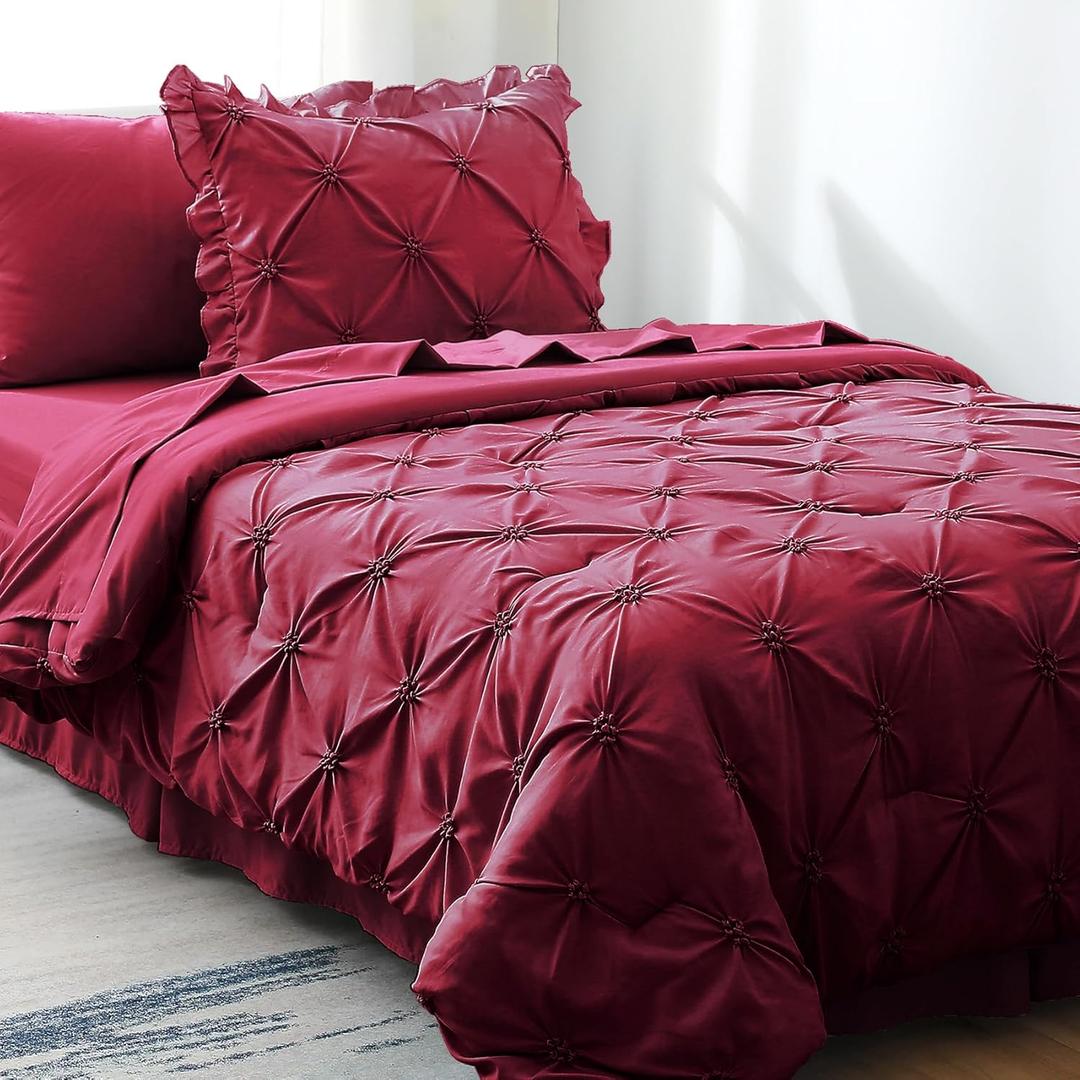JOLLYVOGUE Dark Red Twin Size Comforter Sets 5 Pieces, Pintuck Bed in a Bag Comforter Set for Bedroom, Bedding Comforter Sets with Comforter, Sheets,Ruffled Shams & Pillowcases (Twin(68"x 88"))