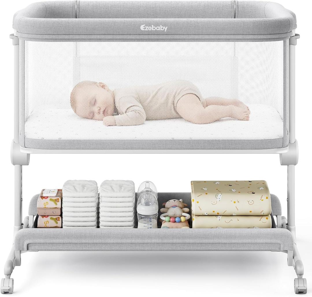 Ezebaby Baby Bassinets Bedside Sleeper, Portable Bedside Bassinet for Baby Newborn Infants with Adjustable 7 Heights and All Mesh Sides, Newborn Crib with Mattress and Soft, Breathable Sheet | Baby bassinets