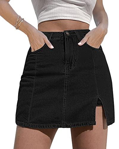 luvamia Skorts Skirts for Women Denim Mini Skirt Side Slit with High Waisted Jean Shorts Stretchy Black Skirt High Waisted Jean Shorts Denim Skorts Skirts for Women Casual Soft Black Size XL