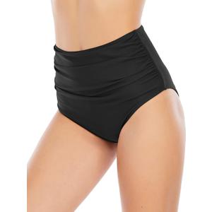 American Trends High Waisted Bikini Bottoms Ruched Tummy Control Swim Bottom Bathing Suits for Women (Medium, Solid Black)