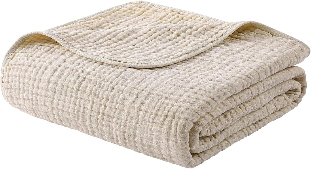 Yoofoss Muslin Blanket 100% Cotton Throw Large 50" x 60" for Bed Couch Summer Gauze Blanket for Adults Lightweight and Breathable Apricot White
