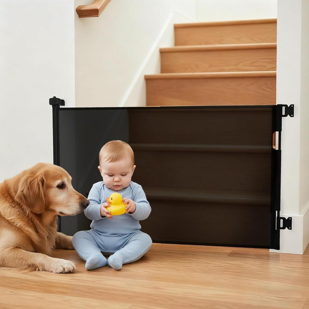 Retractable Baby Gate,Mesh Baby Gate or Mesh Dog Gate,34" Tall,Extends up to 55" Wide,Child Safety Gate for Doorways, Stairs, Hallways, Indoor or Outdoor (Black)