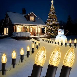 GAGALIFE 29Ft C9 Christmas Pathway Lights Outdoor - 25 LED Lights with 25 Marker Stakes for Walkway, Waterproof Plug in C9 Christmas Light Outdoor for Driveway, Yard, Lawn Decorations, Warm White