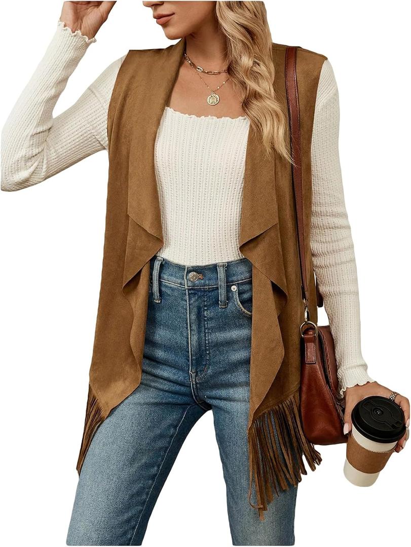 Verdusa Women's Fringe Vest 70s Hippie Sleeveless Western Faux Suede Cardigan Outerwear (Medium, Brown)