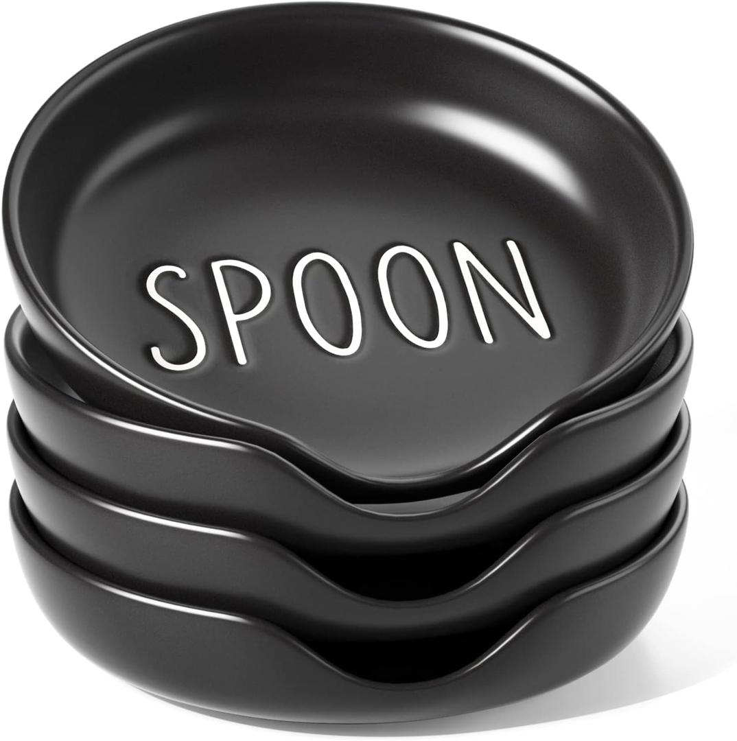 LE TAUCI Spoon Rest for Stove Top, Set of 4 Ceramic Spoon Holder for Kitchen Counter, 5-Inch Modern Coffee Spoon Rest for Spatula, Tea Bag, Ladle, Dishwasher Safe, Matte Black