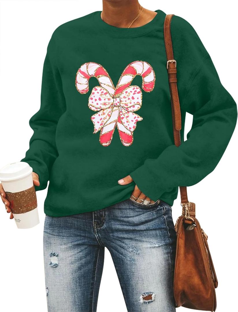 Christmas Sweatshirts Women Candy Canes Graphic Sweatshirt Vintage Xmas Long Sleeve Shirt Pullover Tops (Small)