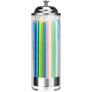 10.6" Clear Plastic Straw Holder with 100 Drinking Straws  Transparent Organizer Container with Stainless Steel Lid for Countertop Use