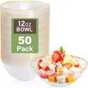 I00000 50 Pack 12 Ounce Clear Plastic Bowls Hammered with Gold Rimmed, Heavy Duty Disposable Bowl Set,Small Bowls for Wedding Day