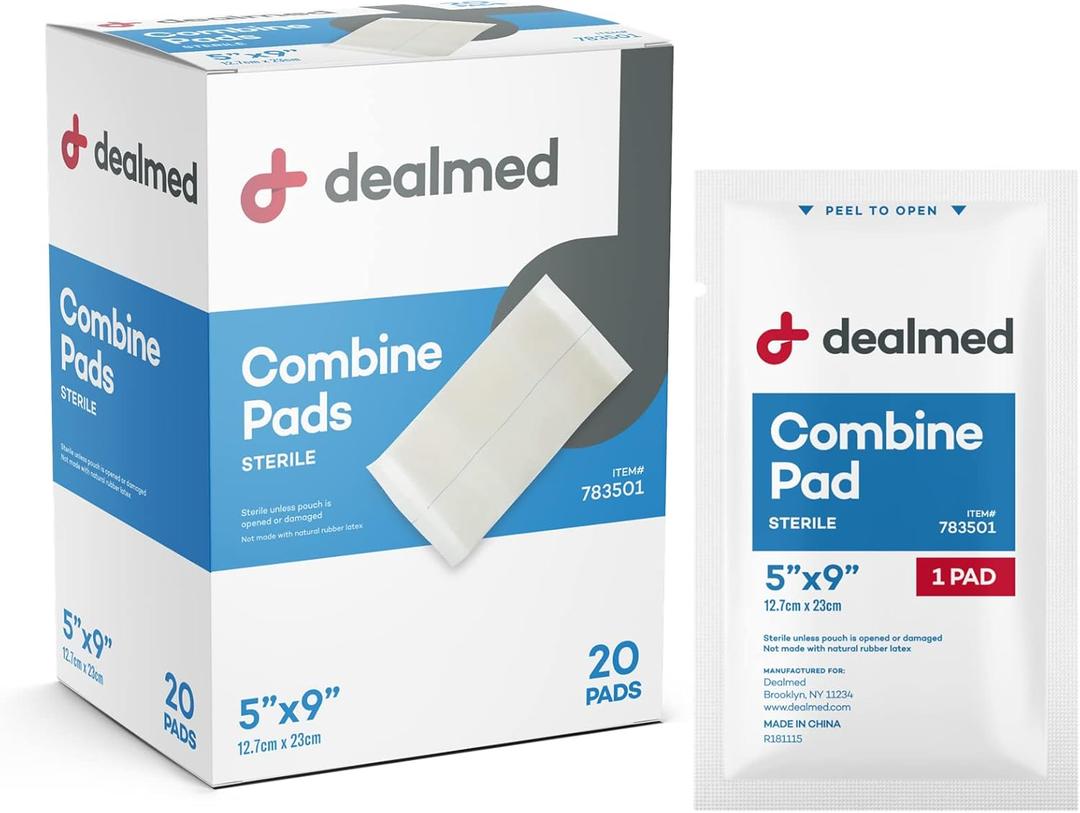 Dealmed Abdominal Combine Pads 5"x9" (20-Pack) Sterile Individually Wrapped, ABD Pads, Absorbent, Non Adherent for Wound Care, Drainage, First Aid, 20/Box (1 Pack) (5 x 9)