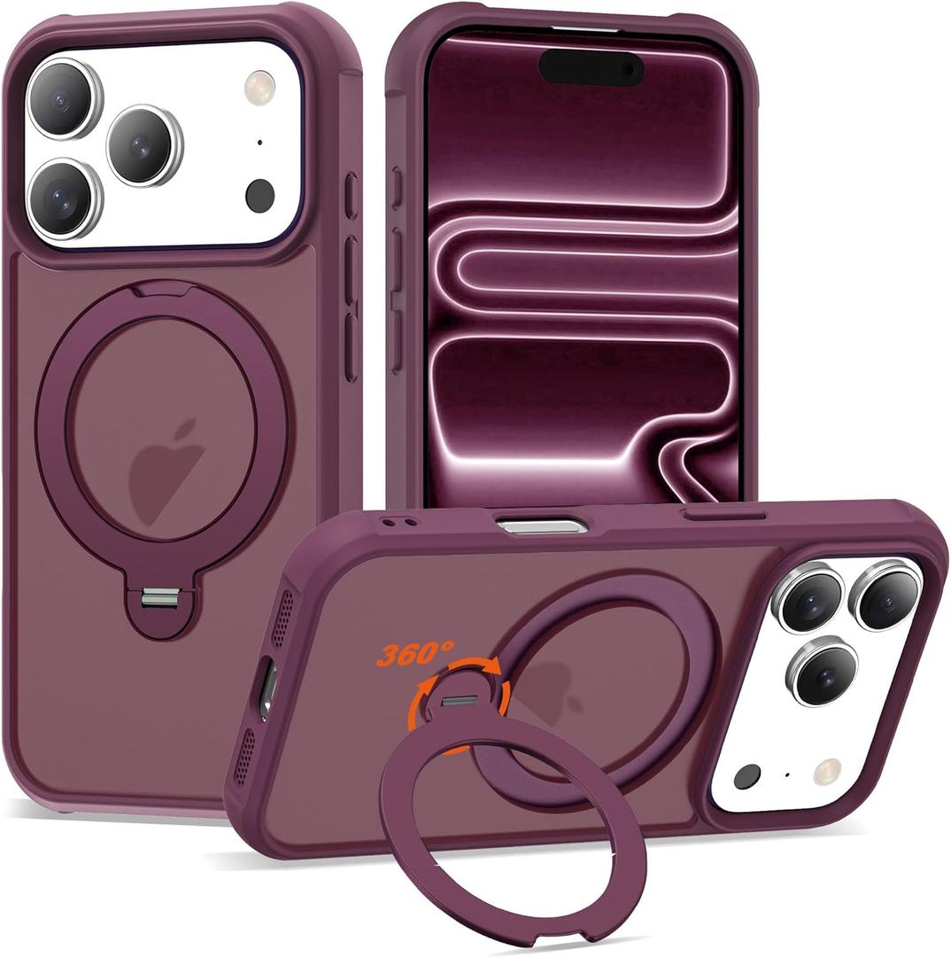 UGENINO Compatible with iPhone 17 Pro Case with Invisible Magnetic 360°Spin Stand,Military-Grade Shockproof Protection [Compatible with Mag-Safe] Non-Slip Edge Translucent Case (6.3",Wine Red)