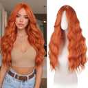 Haloo Red Auburn Wigs with Curtain Bangs for Women - Long Wavy Middle Part Natural Looking Synthetic Hair Wig for Daily Party Cosplay Costume, 26 Inch