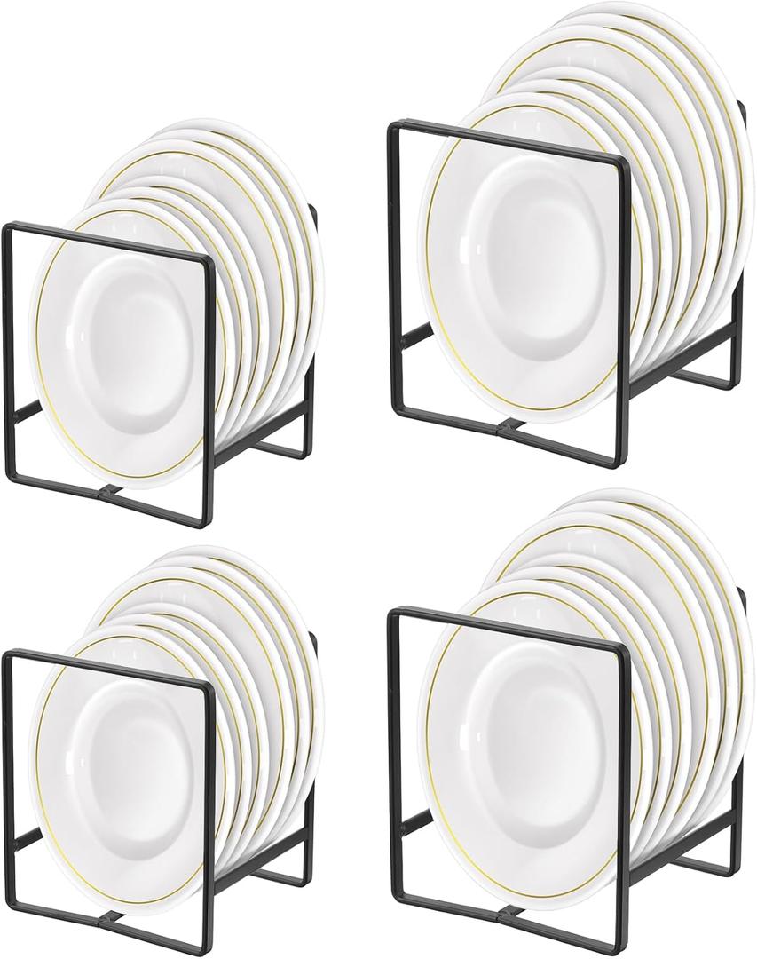 4 Pack Kitchen Plate Organizer for Cabinet, Space Saver Metal Dish Plate Storage Rack Upright Plate Dish Drying Racks Stand for Cupboard and Countertop, 2 Large & 2 Small Black