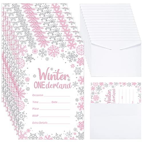 2 x 25 Pcs Winter Onederland Birthday Party Invitations with Envelopes First Birthday Decorations Winter Snowflakes Silver Pink Invitations for Holiday Winter 1st Birthday Party Supplies, 4 x 6 Inch