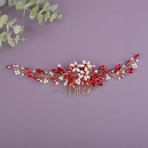 Bridal Rhinestone Pearls Hair Comb Flowers Pearls Rhinestone Wedding Headband Crystal Rhinestone Pearls Handmade Hair Comb for Wedding Bridal Women (Red)