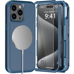 Diverbox for iPhone 15 Pro Max Phone Case,iPhone 15 Pro Max Magnetic Case [with Tempered Glass Screen Protector] Heavy Duty Phone Case for iPhone 15 Pro Max Case (Blue)