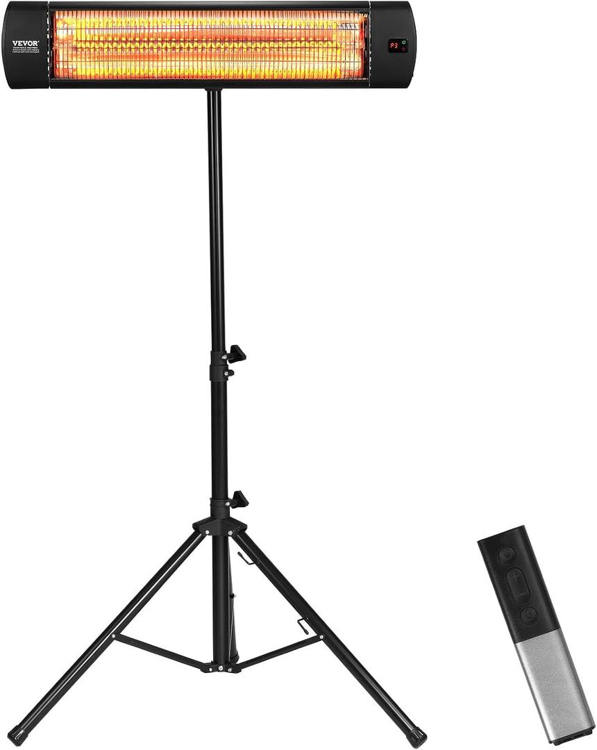 VEVOR Infrared Heater, 1500W Remote Control Electric Space Heater, LED Screen Patio Heater w/ 3 Speeds & Timer, Outdoor/Outdoor for Porch,Dining Room,Studio, with Stand & Mount to Ceiling/Wall,24 in L