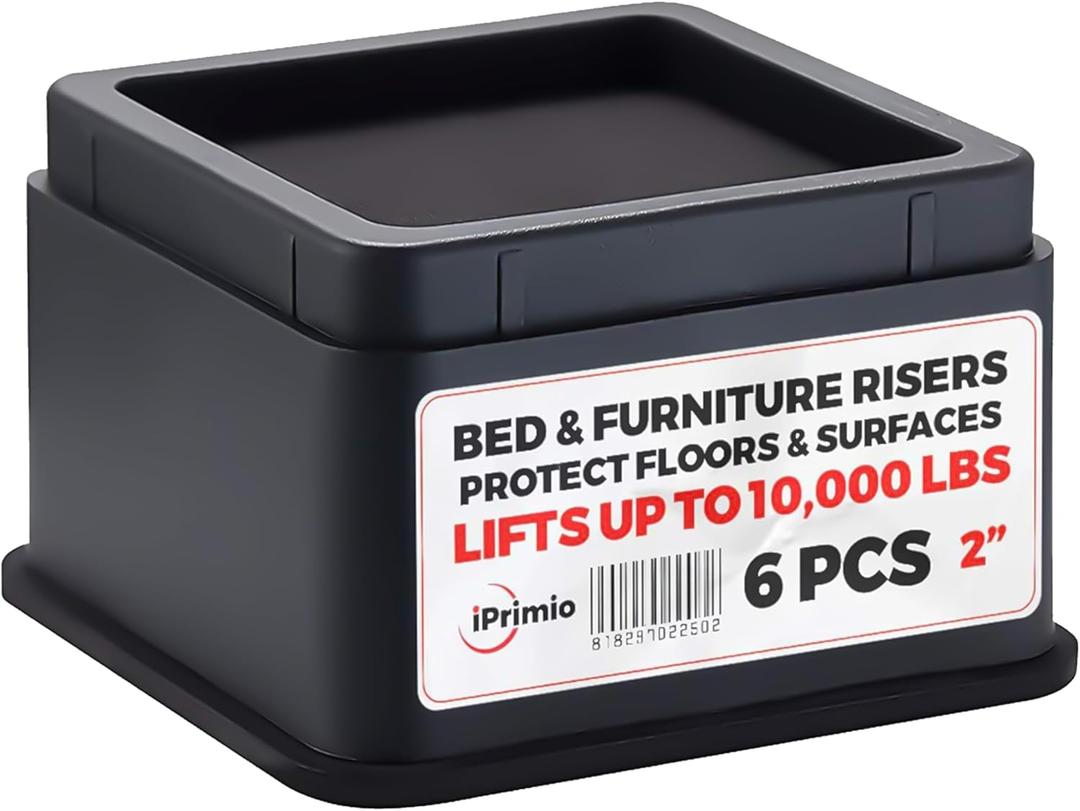 iPrimio Bed Risers 2 Inch - Square, 2 Inch Lift, Heavy Duty, 6 Pack, Up to 10000lbs - Bed Raising Blocks, Furniture Risers - Safe, Sturdy Bed Lifts for College Dorm Rooms, Couches, Tables, Desk Riser (Black)