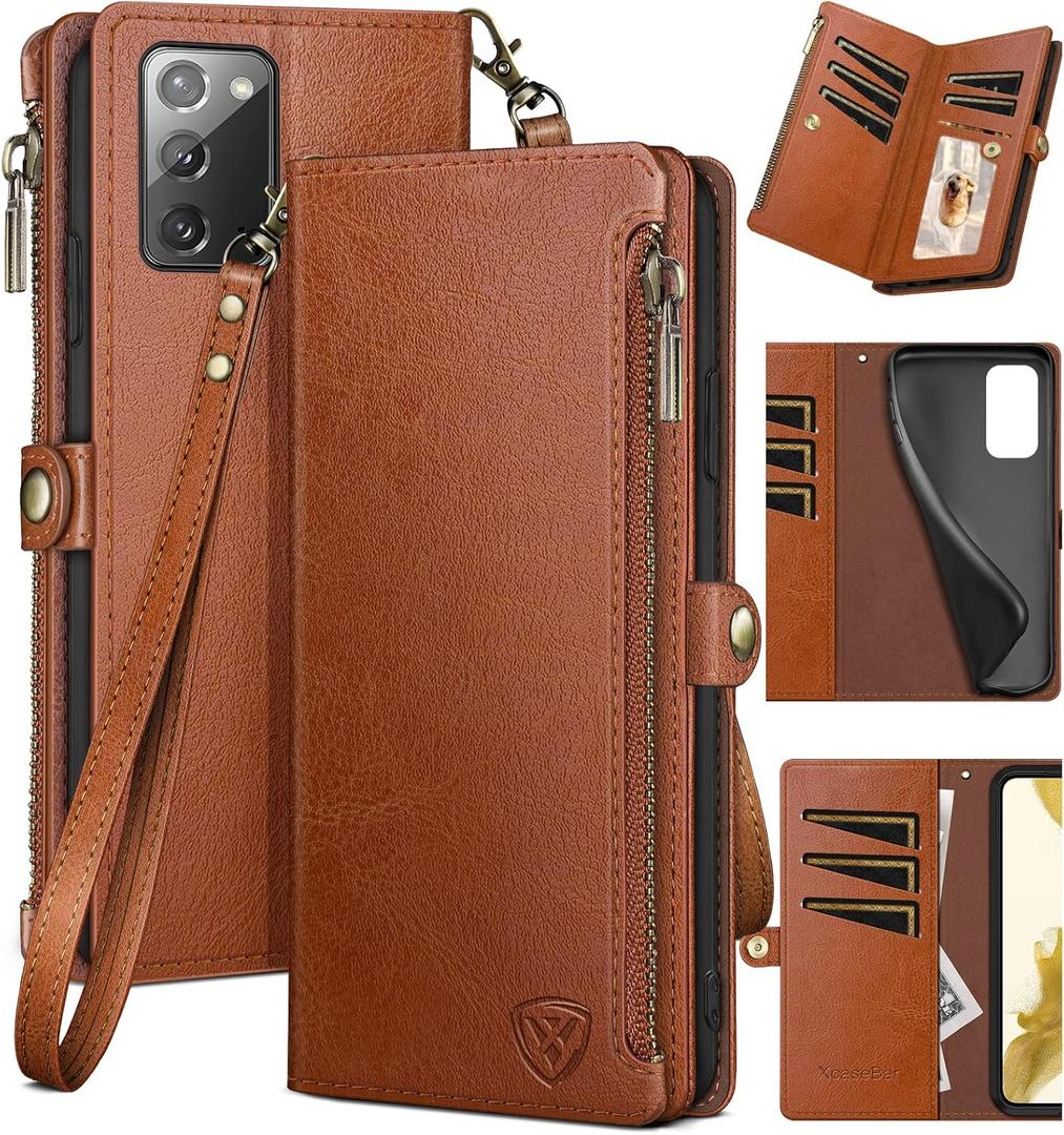 XcaseBar for Samsung Galaxy Note 20 Wallet case with Zipper Credit Card HolderRFID Blocking, Flip Folio Book PU Leather Phone case Shockproof Cover Women Men for Samsung Note20 case Light Brown